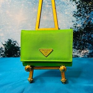 Prada Vibrant Lime Green Nylon and Leather Wallet 4.5” x 3”